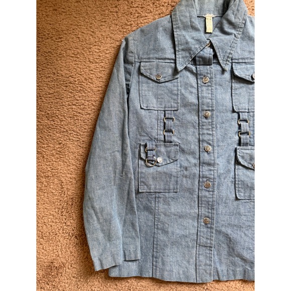 VTG Denim Utility Jacket Womens Small Blue Button Front Pockets D Ring Detail - Picture 3 of 9